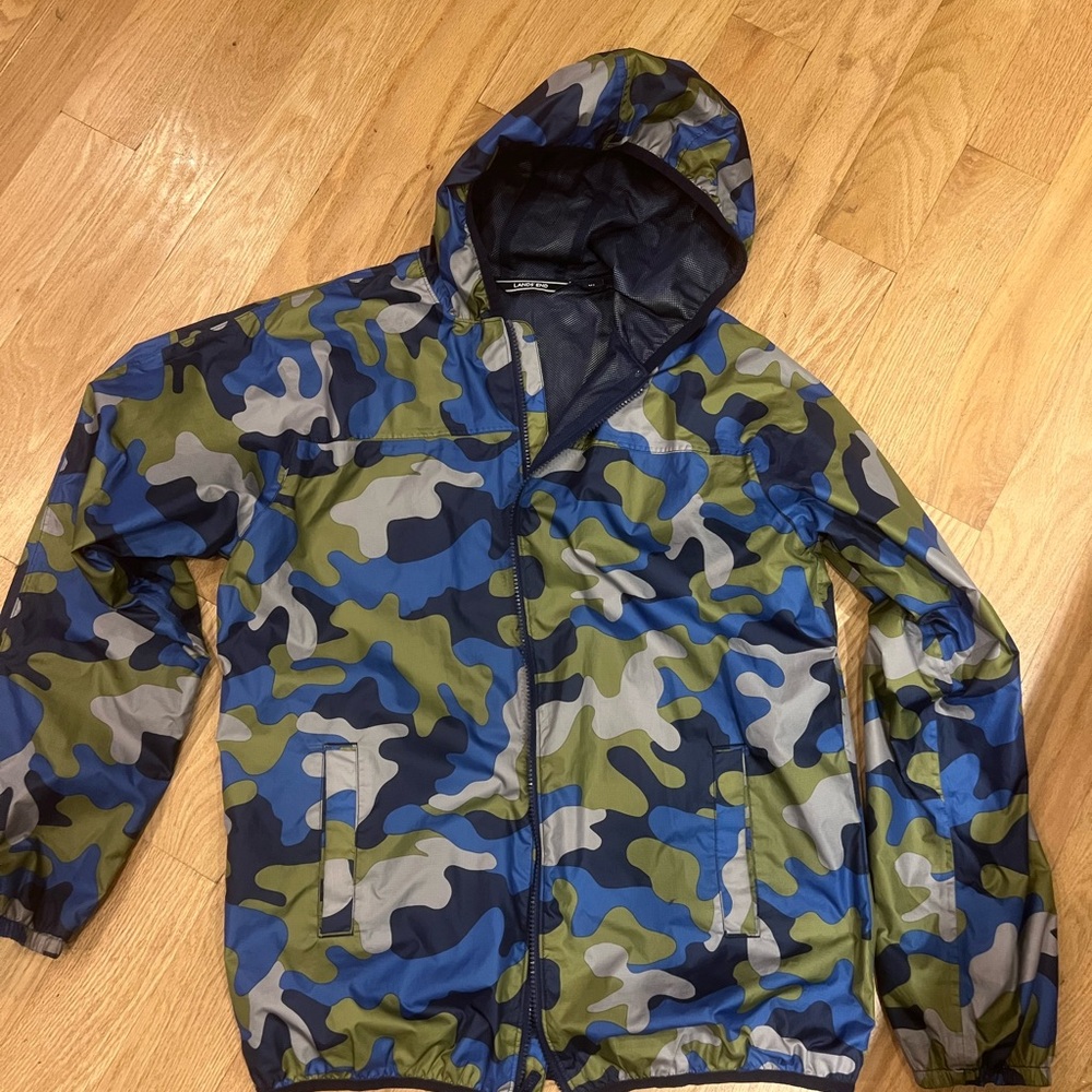 Lands' End Blue and Green Camouflage Kids Raincoat